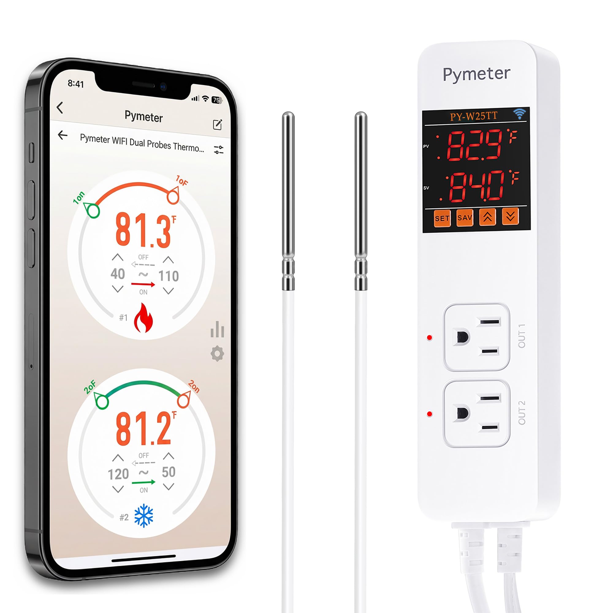 Pymeter WiFi Temperature Controller with Dual Probes, Smart Digital Thermostat with Two Outlets for Reptile Heat Mat, Greenhouse Seedlings, Homebrew Fermentation, Cooling Fan, Remote App Control