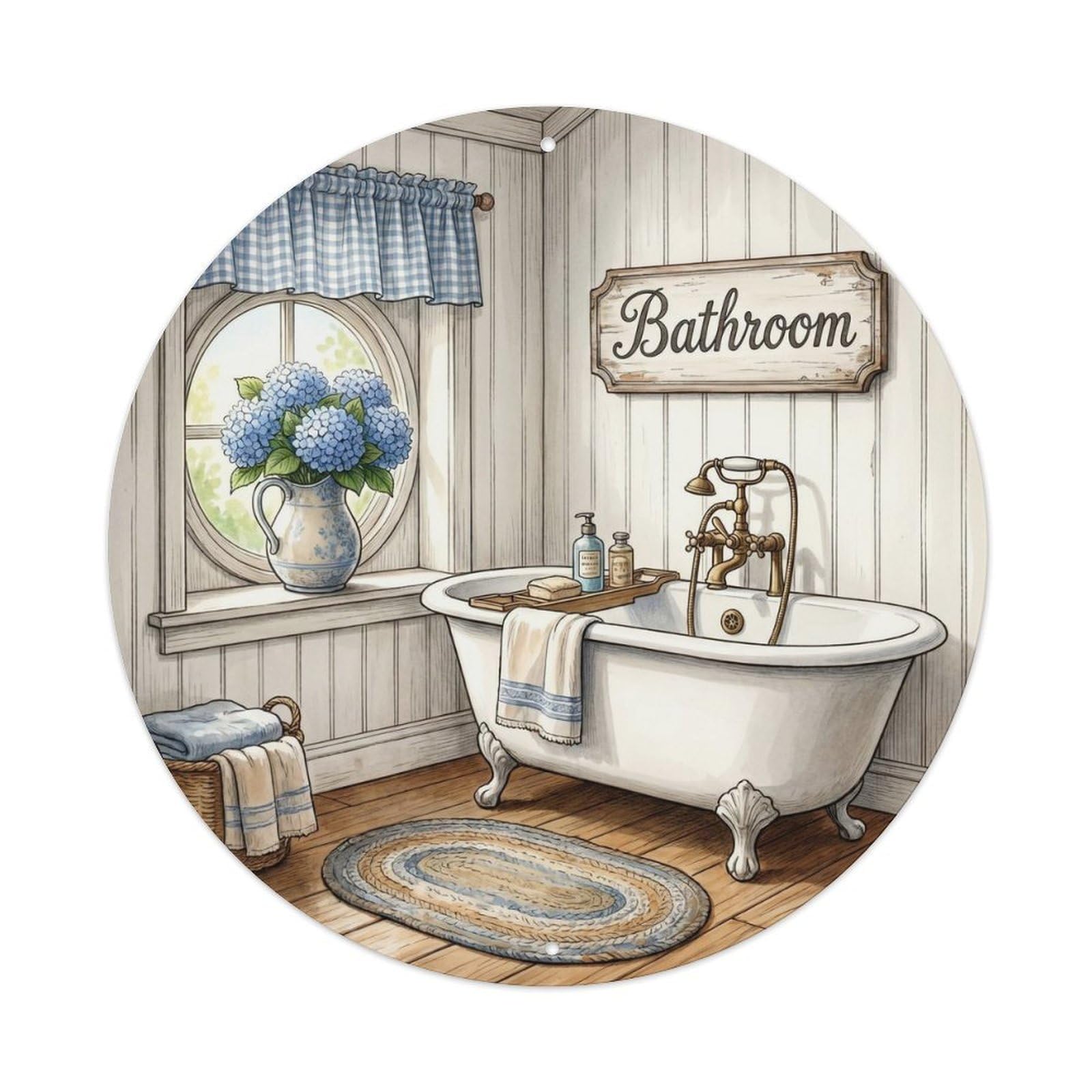 Yrnq Vintage Style Bathroom Hydrangea Cottage Bathroom Decor Vintage Metal Tin Sign Plaque Wall Decor For Cafe, Club, Garden Round Metal Poster 8X8inch