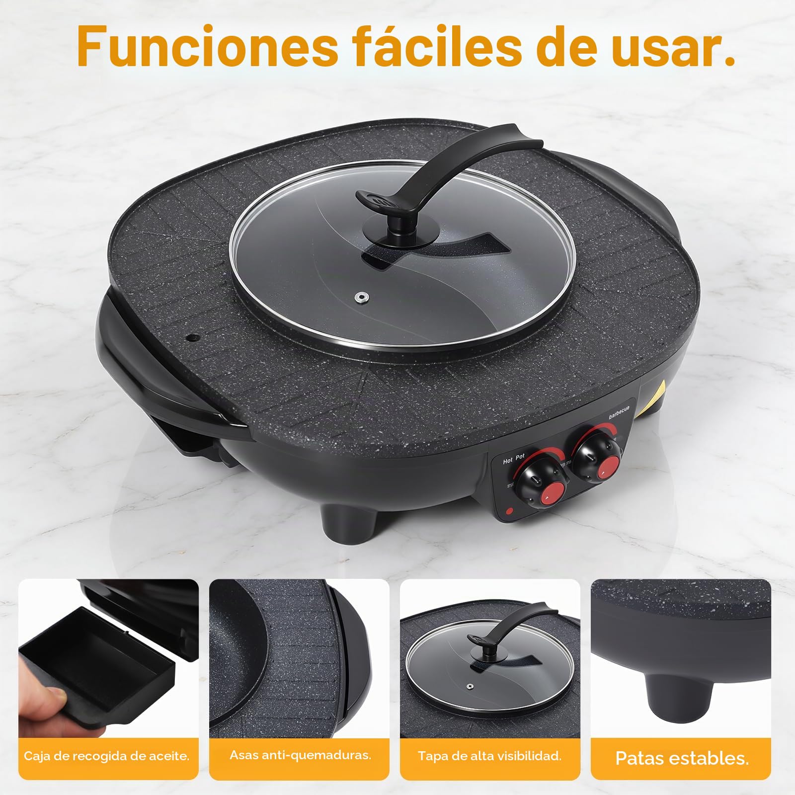 2 en 1 Barbacoa Eléctrica y Olla Caliente, Parrilla Multifuncional sin Humo para Interiores con Temperatura Ajustable, Para BBQ Coreano, Fondue, Shabu-Shabu, Cocina para Fiestas Familiares