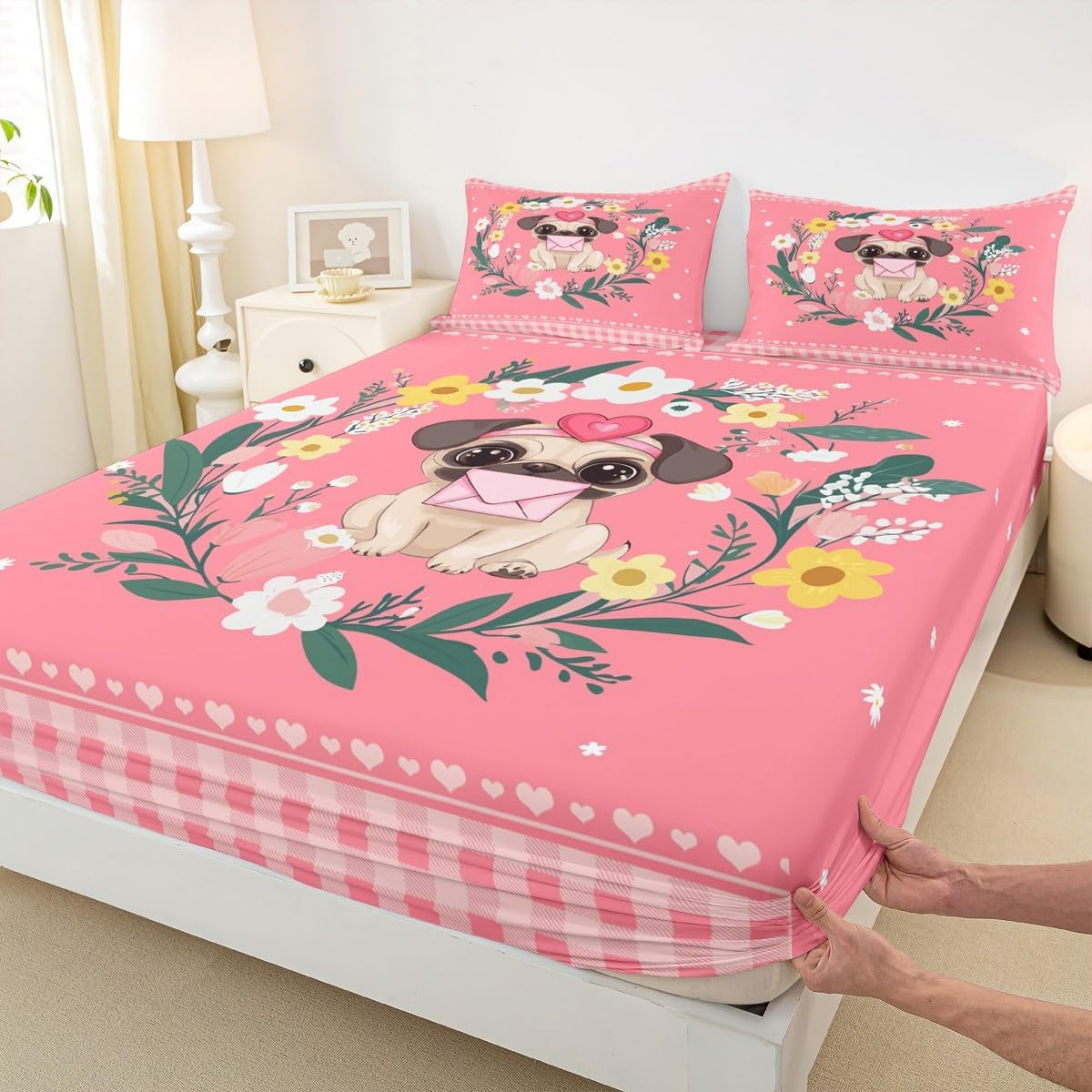 Erosebridal Kawaii Animal Bed Sheets Cute Pug Fitted Sheet Queen Size, Dog Puppy Sheets Pink Lattice Bedding, Rainbow Floral Bed Cover Romantic Love Print Room Decor for Dog Lovers Gifts (Deep Pocket)
