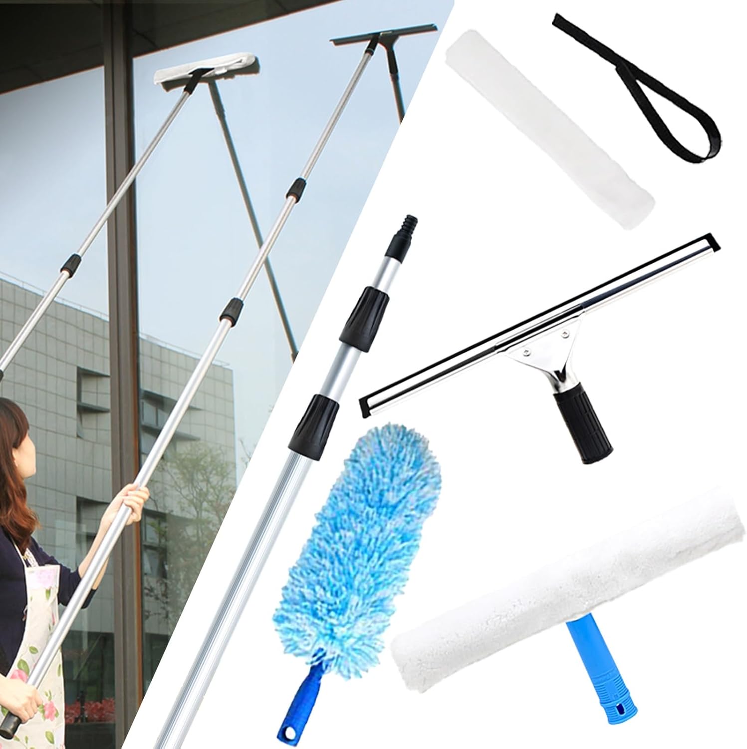 3 in 1 Window Cleaner Tool Outdoor, Window Cleaning Tool Squeegee Scrubber Extension Pole, High Reach Window Duster Kit Glass Cleaning for Car(0.74-1.2m(2.4-3.9ft))
