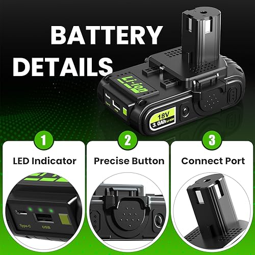 Miniatura 4 de Abeden Paquete de 2 baterías de repuesto de 18 V 3.0 Ah para batería Ryobi con USB, compatible con batería Ryobi de 18 V P102 P103 P104 P105