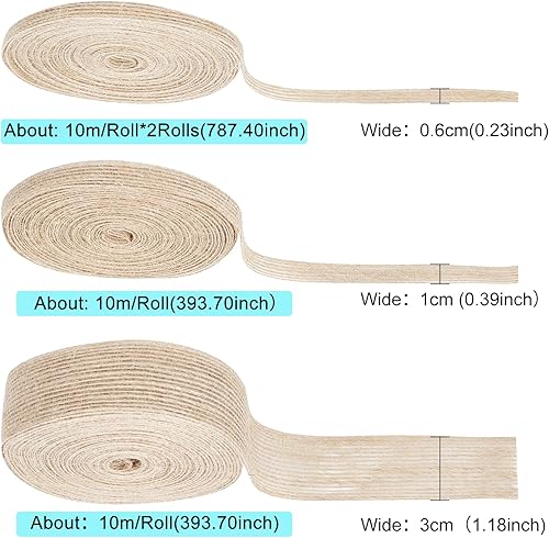 Miniatura 2 de GORGECRAFT 43.7 yardas, 4 rollos de 3 tamaños, cinta de tela de arpillera de yute natural, lino tostado, borde con alambre, rollo de tela de cáñamo,