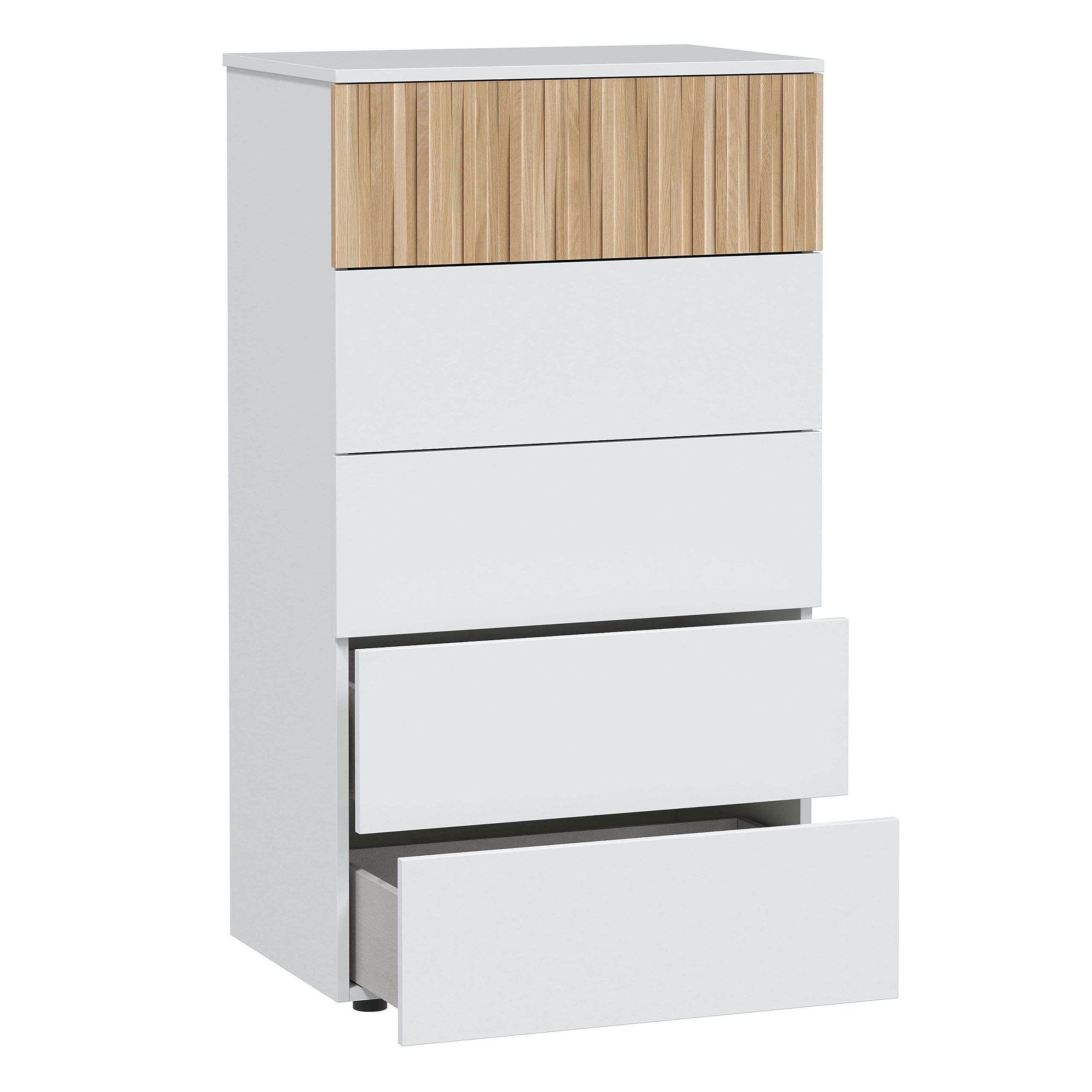 Habitdesign Cómoda 5 Cajones, 109x61x40 (AltoxAnchoxFondo-en cm), Sinfonier 5 Cajones Color Blanco Artik y Natur, Modelo Ethna