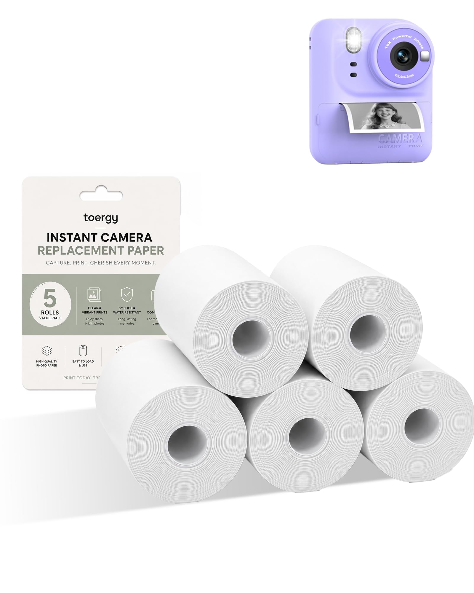 toergy 5 Rolls Kids Camera Print Paper Refills, BPA-Free Thermal Printing Paper for Okaloka(P89), Clear Photo Printing Paper for Kids Digital Camera, Birthday DIY Craft Gift Refills