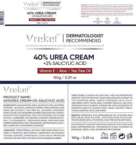 Miniatura 8 de VREKEF Crema de urea 40 por ciento para pies de máxima resistencia, crema de urea 40% más ácido salicílico 2%, crema para pies y manos para piel