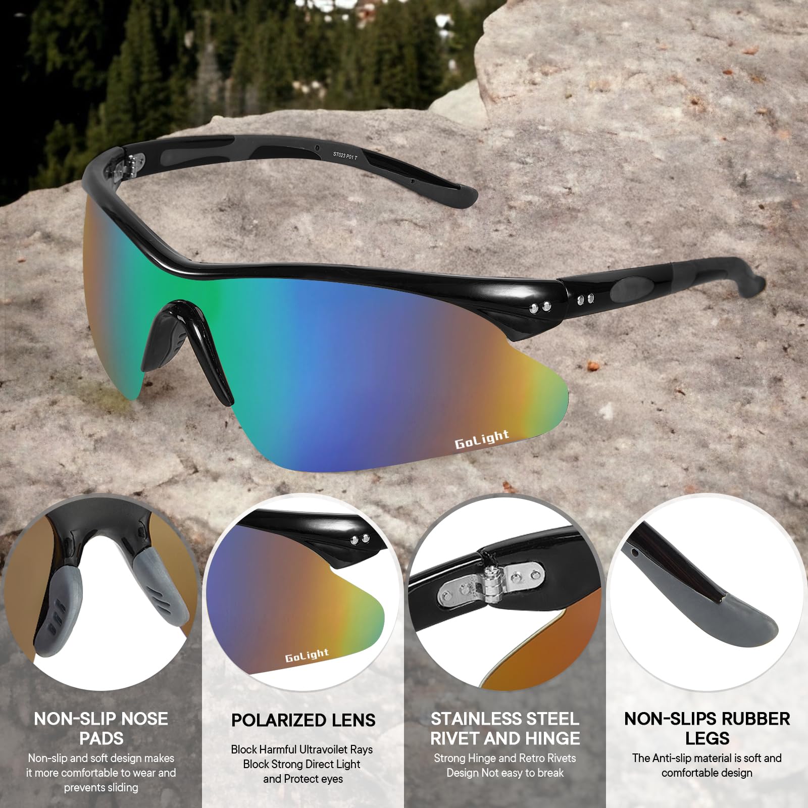 GoLight Polarized Sports Sunglasses for Men and Women – UV400 Protection Shades, Anti-Glare, Lightweight Frame with Durable Riveted Hinges, Great for Driving Fishing, Running, Cycling. (Green Revo)