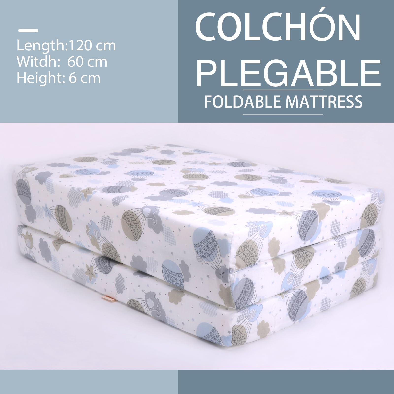 PEKITAS Materasso Per Lettino 60x120 cm Altezza 6 cm Da Viaggio Pieghevole Con Borsa Per Il Trasporto Del bambino Fodera Rimovibile Lavabile, Traspirante, stampa palloncino verde