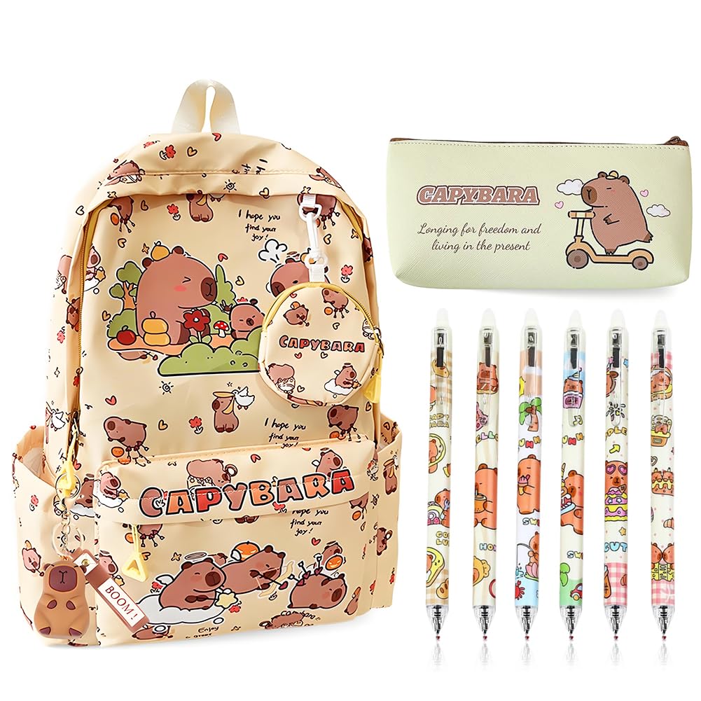 Capybara Bambini Zaino Schoolbag Grande Capacità Kawaii Astuccio Scuola Capibara Trousse Pencil Case Portapenne Animali Portachiavi 4 Penne Cancellabili Capybara Regalo Set (Giallo)