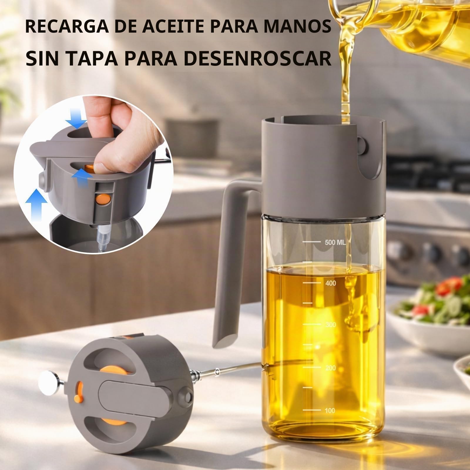 Costop Pulverizador profesional de aceite de vidrio de 500 ml, herramienta de cocina 3 en 1: niebla fina, flujo y vertido, diseño a prueba de fugas para freidora de aire, barbacoa y cocina, sin BPA