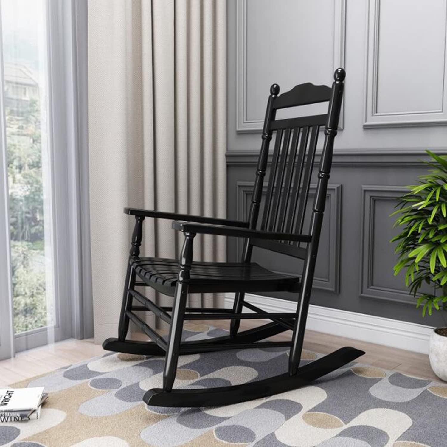 Mecedora clásica de madera con respaldo alto, elegante sillón para sala de estar, dormitorio, patio y terraza, mecedora tradicional relajante en elegante acabado negro