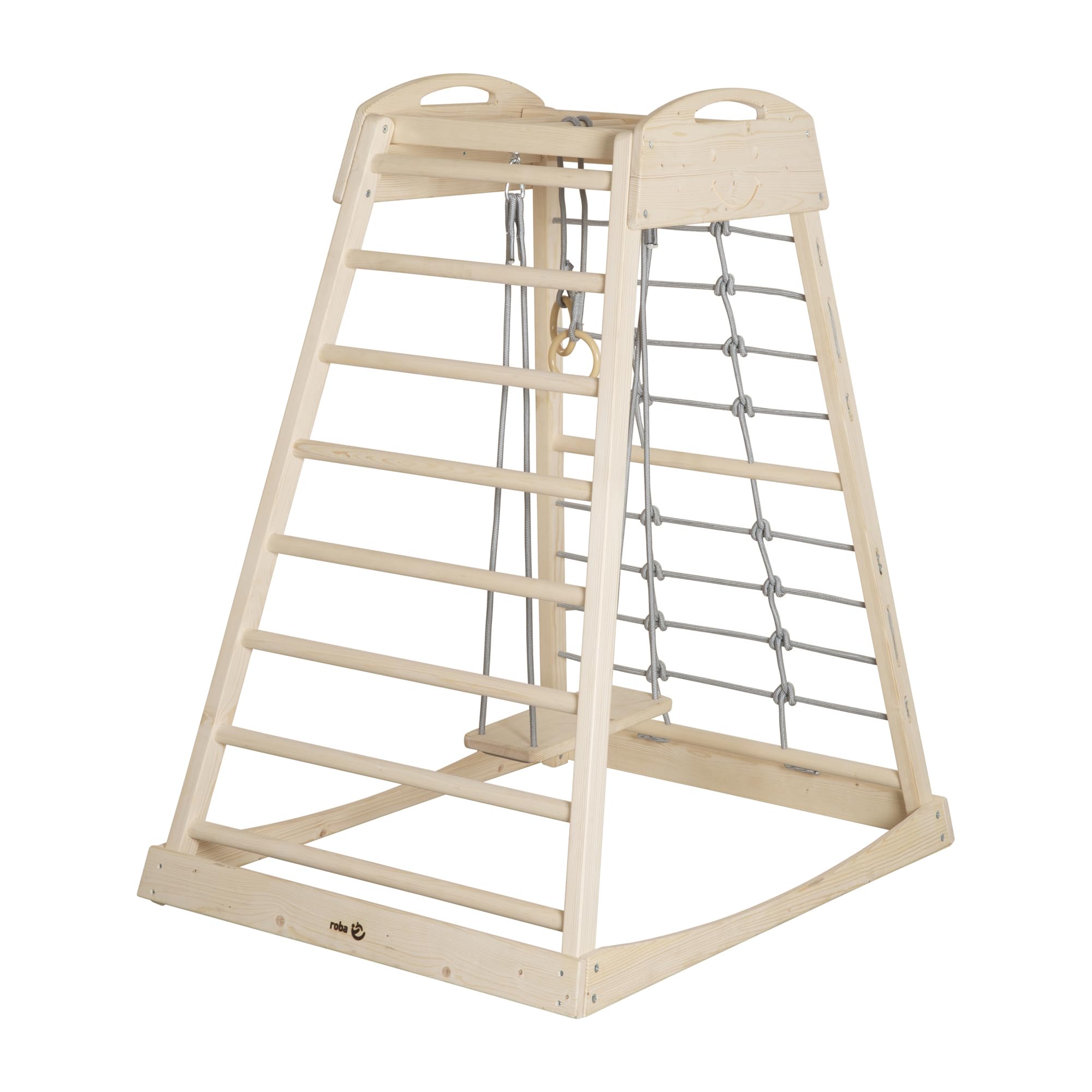 roba Tour de Jeu Intérieure en Bois – Structure Montessori avec Barreaux et Corde d’Escalade – Convient dès 24 Mois – Avec Balançoire en Bois Massif – Charge jusqu’à 70 kg – Naturel/Gris