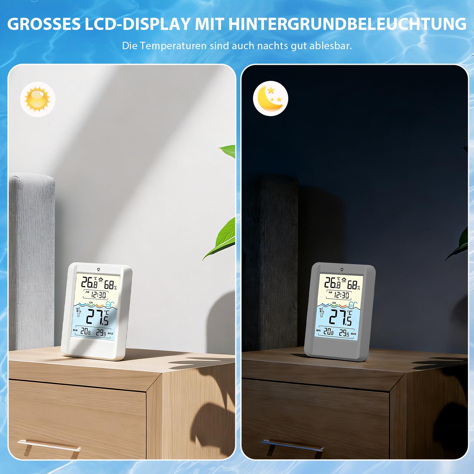 Warmfay Termometro digitale per piscina, funzionamento a energia solare e batteria, IP68, impermeabile con ricevitore fino a 70 m, termometro radio per piscina, vasca da bagno, stagno spa