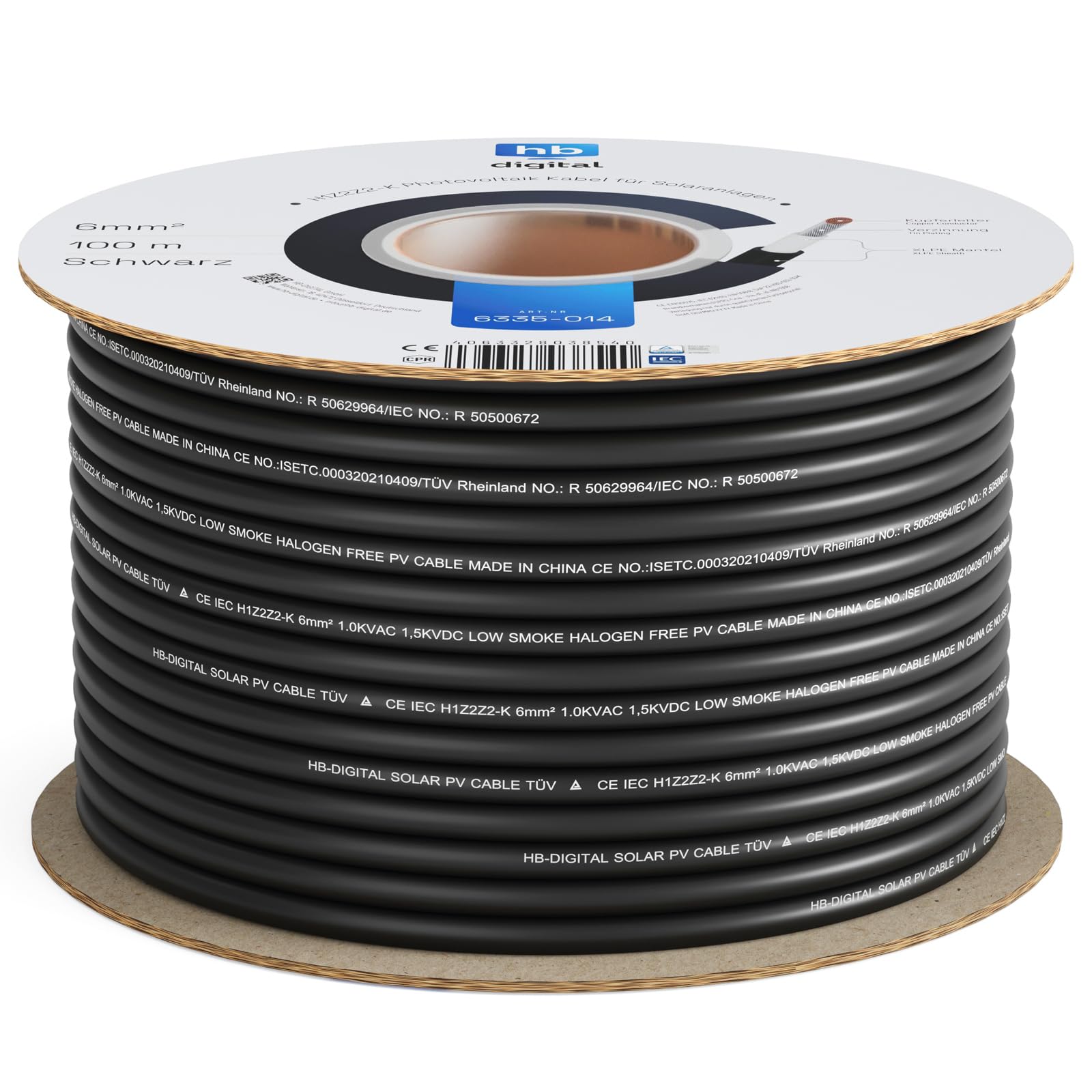 hb-digital 100m Cable solar 6 mm2 H1Z2Z2-K Probado por TÜV Rheinland Resistente a los rayos UV Flexible Cobre puro 1500 V Cable de extensión fotovoltaico para panel solar placa