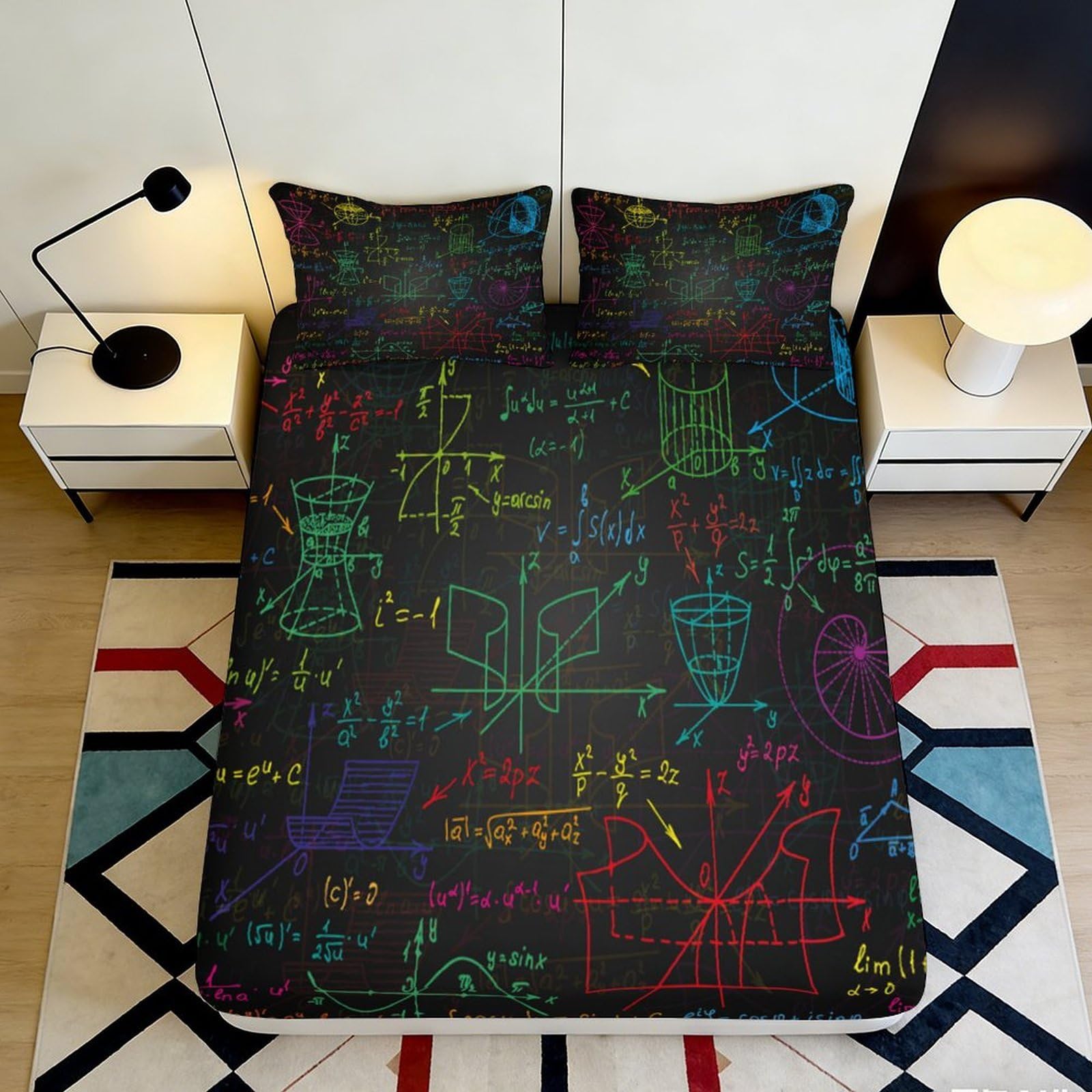 3D Printed Mathematical Formula Fitted Sheet Microfiber Soft Geometric Graph Bed Cover for Bedroom Dorm Decor Protection 90x200x25cm
