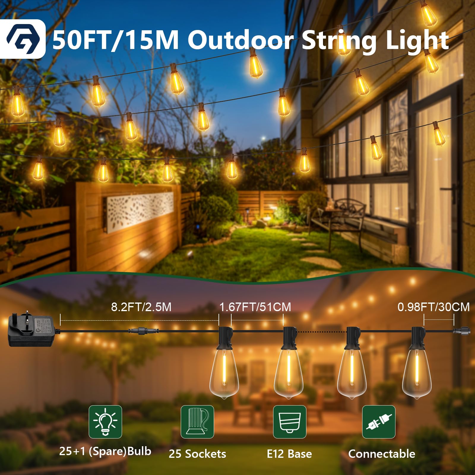 GPATIO Garden Lights 50FT/15M, ST38 Outdoor String Lights - Image 4