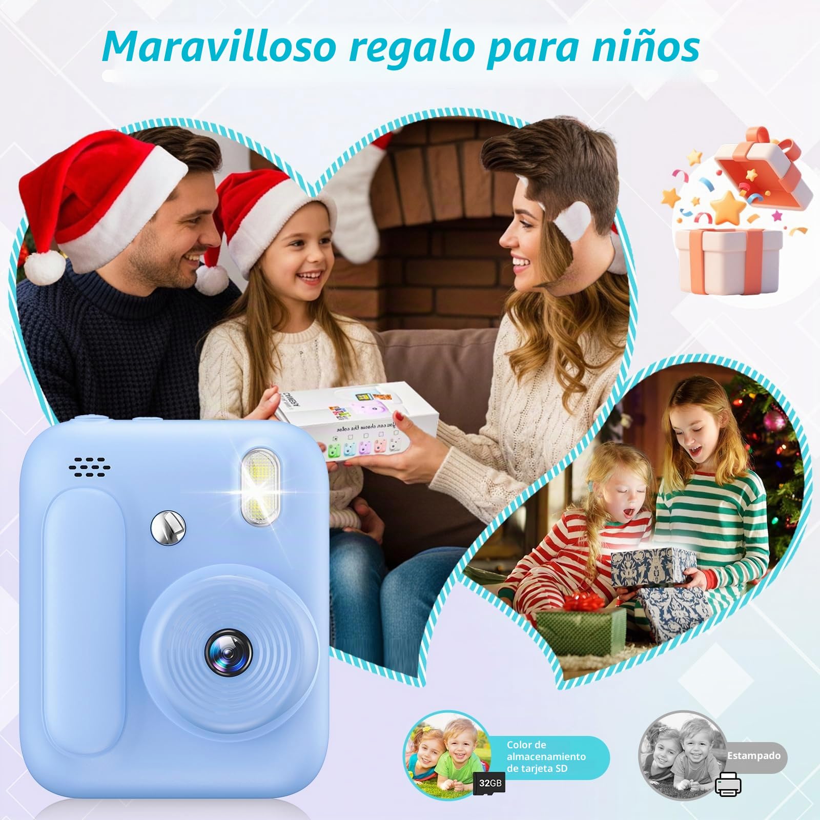 Cámara de Fotos Instantáneas para Niños,Camara Instantánea de 1080P con 5 Rollos de Papel de Impresión,Tarjeta de 32GB y Bolígrafos de Colores,Cámara Digital Portátil para Niños de 3-14 Años (Azul)
