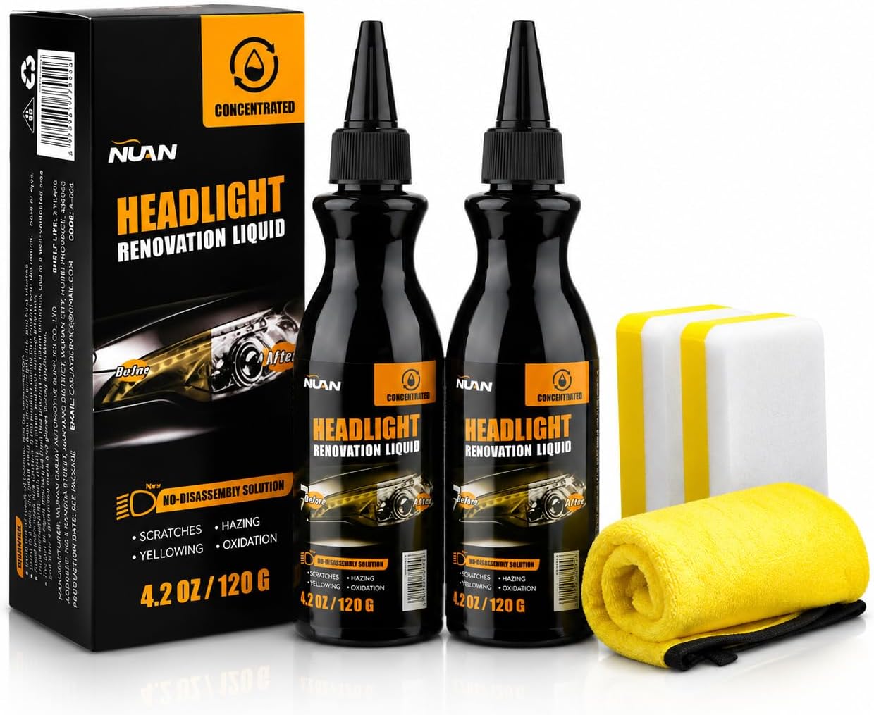 NUAN Headlight Restoration Kit, Concentrated Head Light Restoring Liquid, UV Protection & Removes Yellowing & Oxidation for Car Headlights Clean (8.4oz/240g)