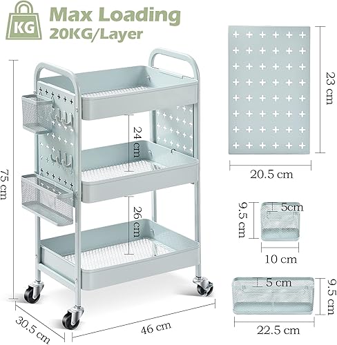 Miniatura 6 de TOOLF Carrito con ruedas de 3 niveles, carrito de almacenamiento de metal con tableros dobles de clavijas, carrito de manualidades con ganchos,