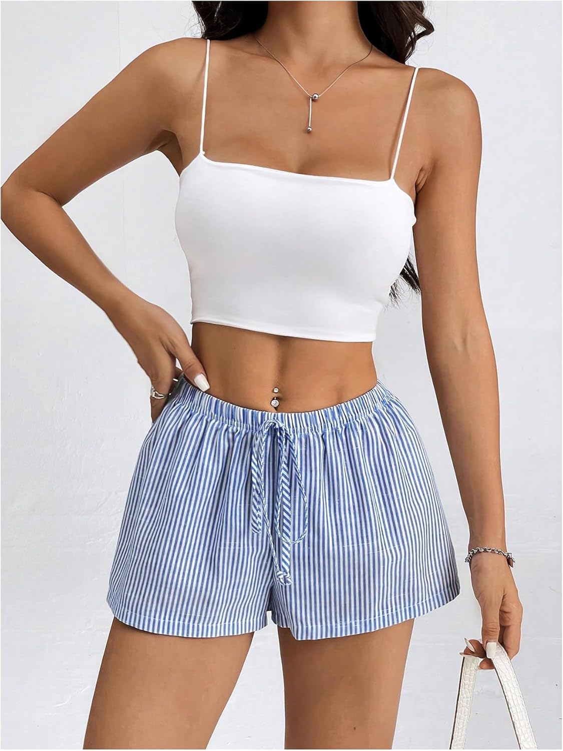 Women's Striped Shorts Print Drawstring Elastic Waist Shorts Casual Wide Leg Low Rise Summer Boxer Shorts - Image 6