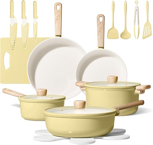 Miniatura 13 de CAROTE Juego de utensilios de cocina de cerámica antiadherente, 14 ollas y sartenes antiadherentes, no tóxico y sin PFAS, lavavajillas, juego de