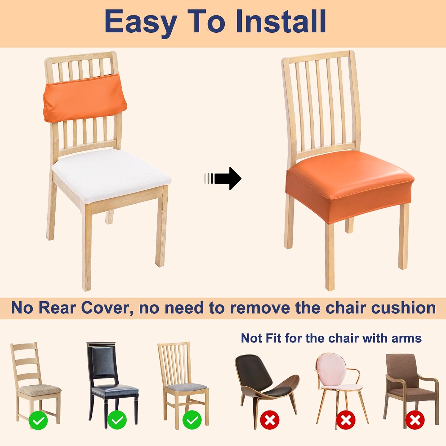 Smiry Waterproof Pu Leather Seat Covers for Dining Room Chairs Set of 4, Stretch Fit Removable Washable Kitchen Chair Seat Slipcovers Protector, No Rear Covers, Orange