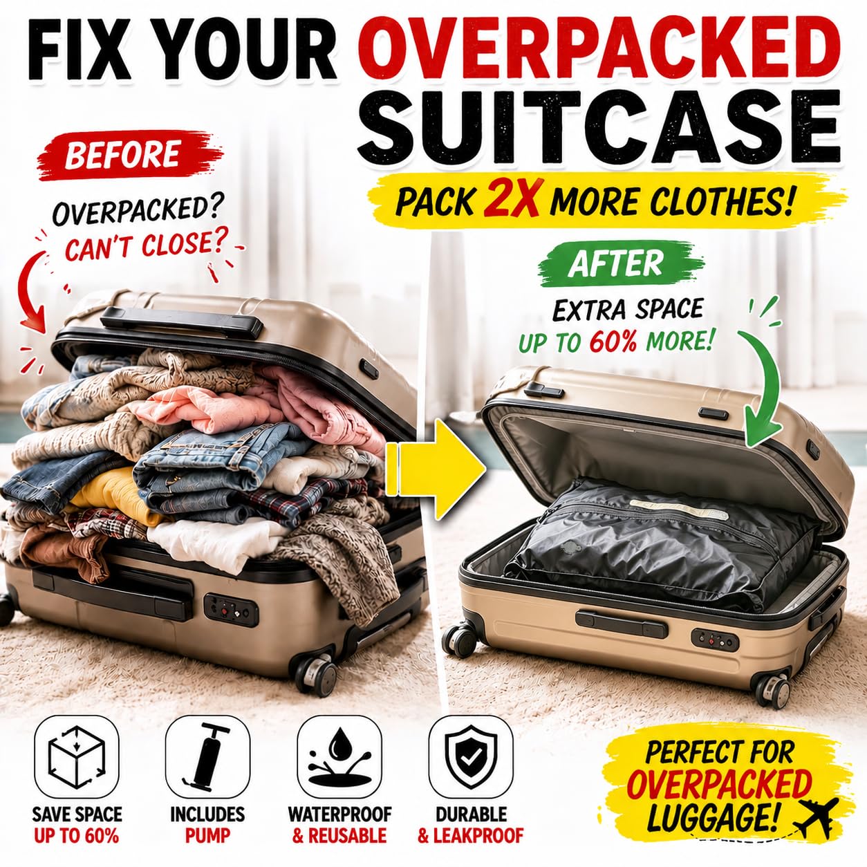 Sacchetti sottovuoto da viaggio con pompa, sacchetti a compressione riutilizzabili sigillati per valigie, IP67, impermeabili, salvaspazio, cubi con finestra per vestiti, zaino da trasporto e