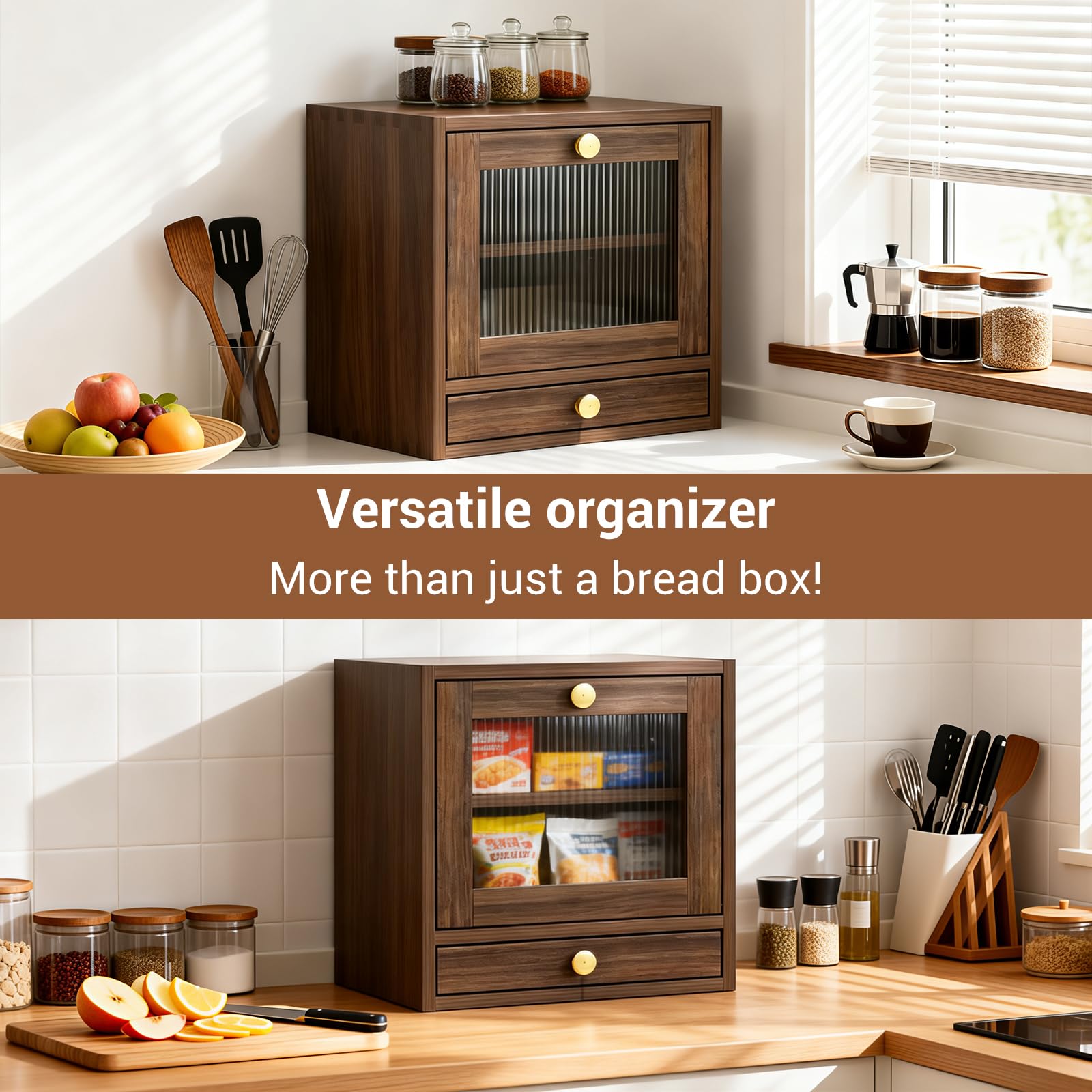 GarveeHome Brotkasten Holz, 36,8 x 24 x 36 cm Groß Brotbox mit Schublade zur Aufbewahrung von Geschirr, Küche Brotaufbewahrung mit Acrylglasfenster für Brot Längere Frische & Einfache Pflege