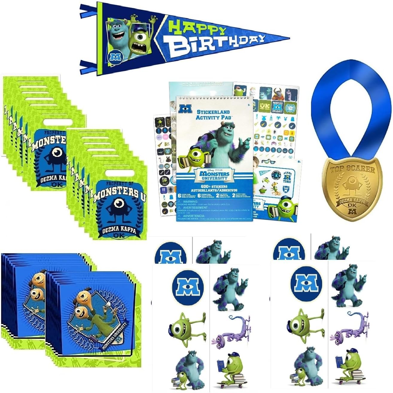 Monsters University Birthday Party Supplies Bundle Pack includes 32 Paper Napkins, 16 Loot Bags, 1 Happy Birthday Banner, 1 Award Ribbon, 1 Activity Book with 600 Stickers, 24Tattoos