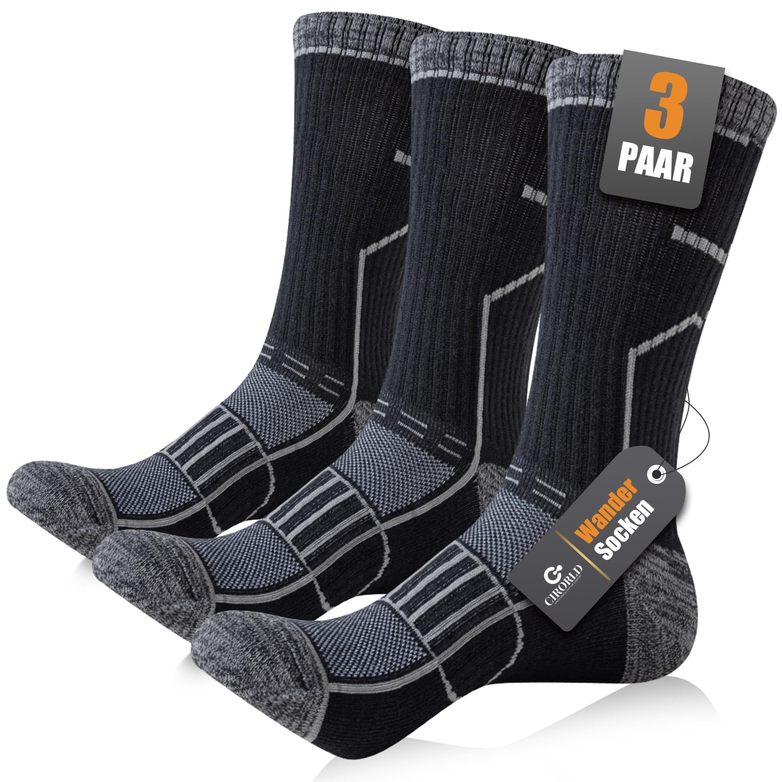 Circorld Wandersocken Herren & Damen, Atmungsaktiv Outdoor Socken Baumwolle Sportsocken, Anti Blasen & Geposltert Trekkingsocken Laufsocken Tennissocken Arbeitssocken, 3 Paar