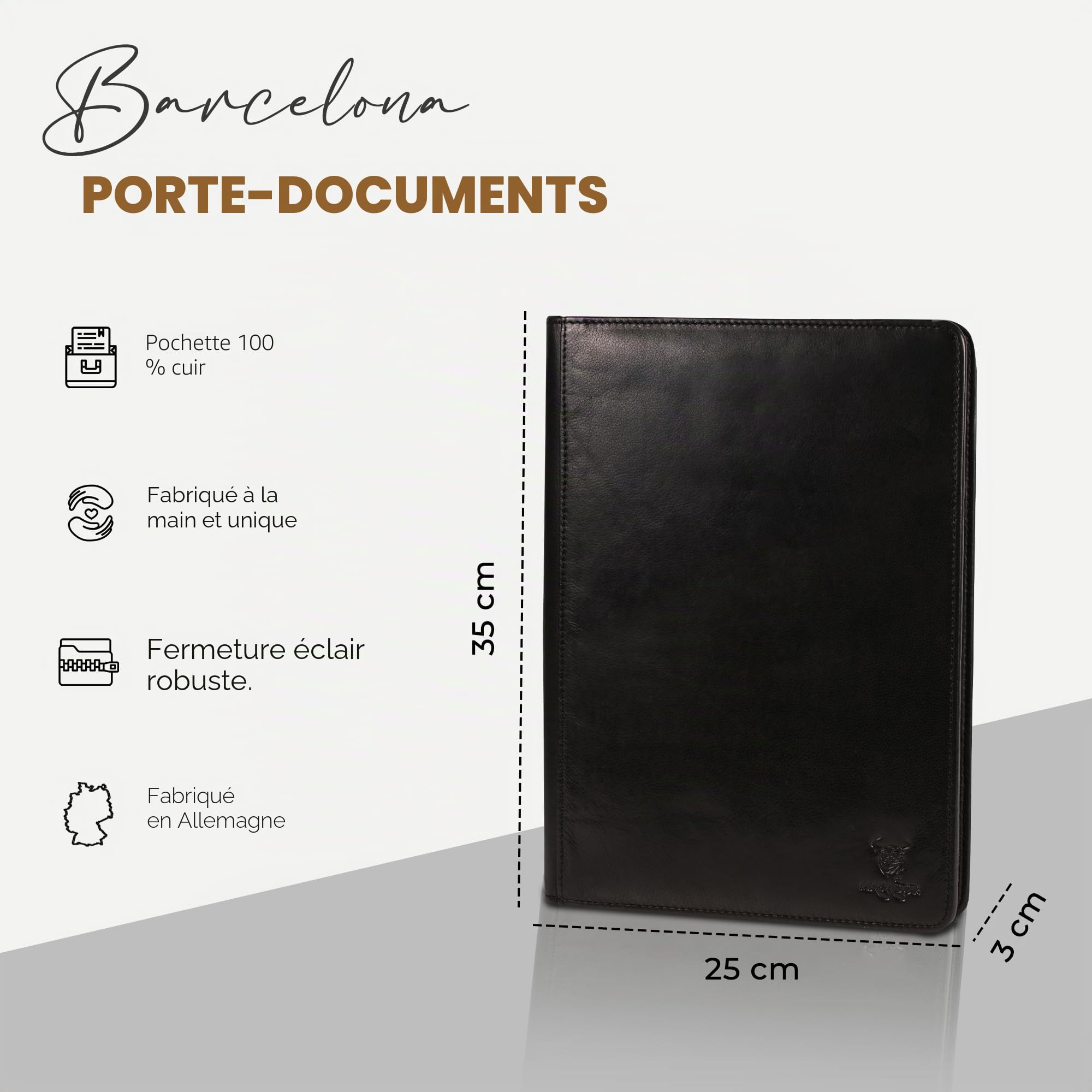 Matador Porte-documents cuir véritable A4 noir avec fermeture éclair poche tablette classeur à anneaux protection RFID