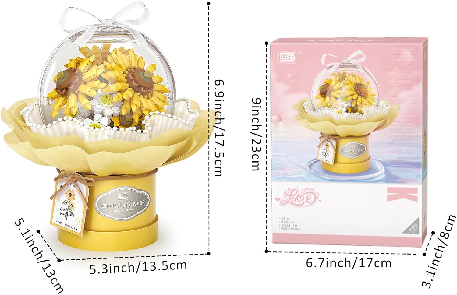 MEIEST Flower Building Blocks Set with Dust-Proof Dome,Simulation Bouquet for Valentine's Day,Bonsai Building Bricks Toys,Home Decor (Sunflower)