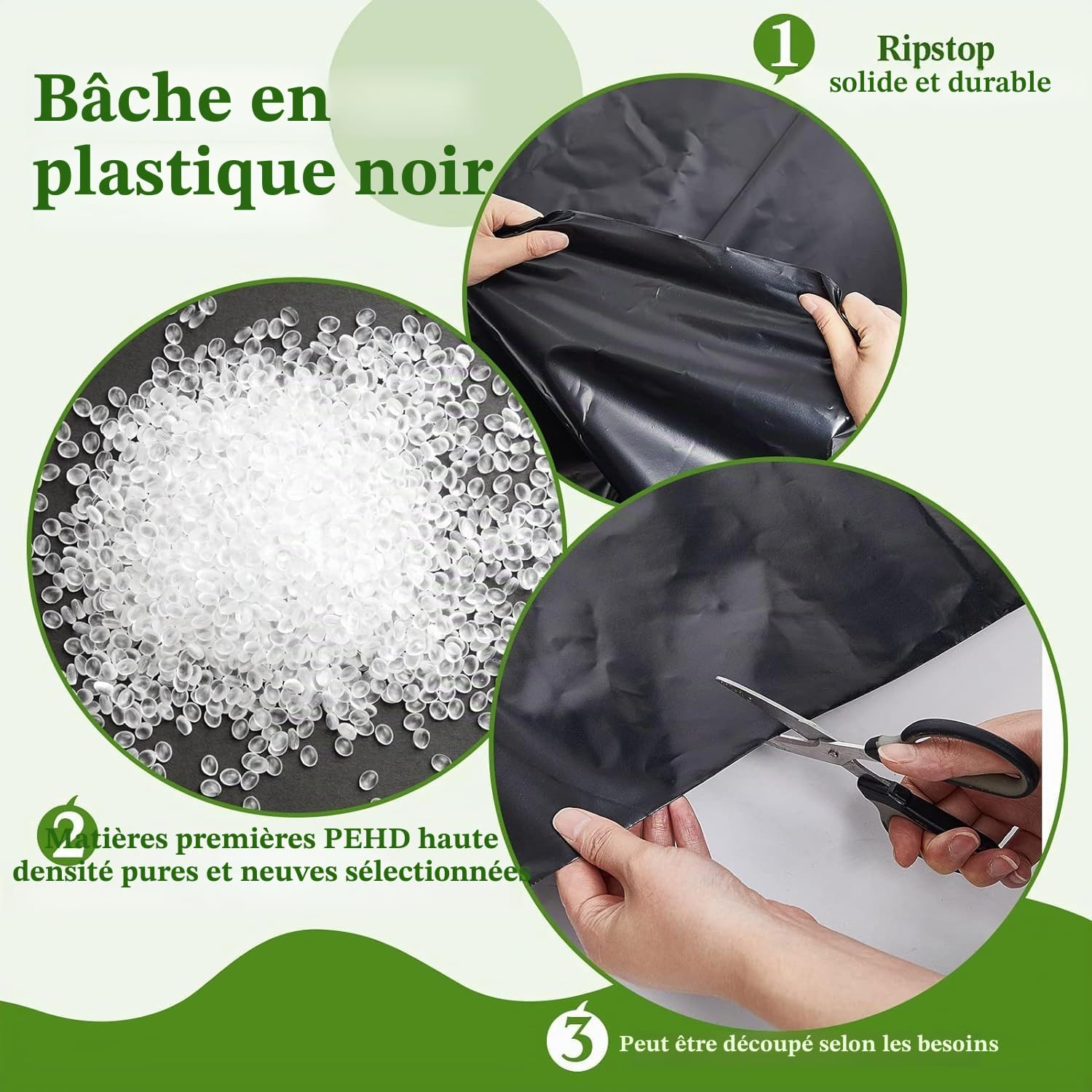 KAHEIGN 2m x 10m Bâche En Polyéthylène Noir, 2mil D'épaisseur Couverture De Polytunnel De Culture De Jardin Membrane Horticole En Polyéthylène Pour L'isolation De Jardinage (125mu/500g)