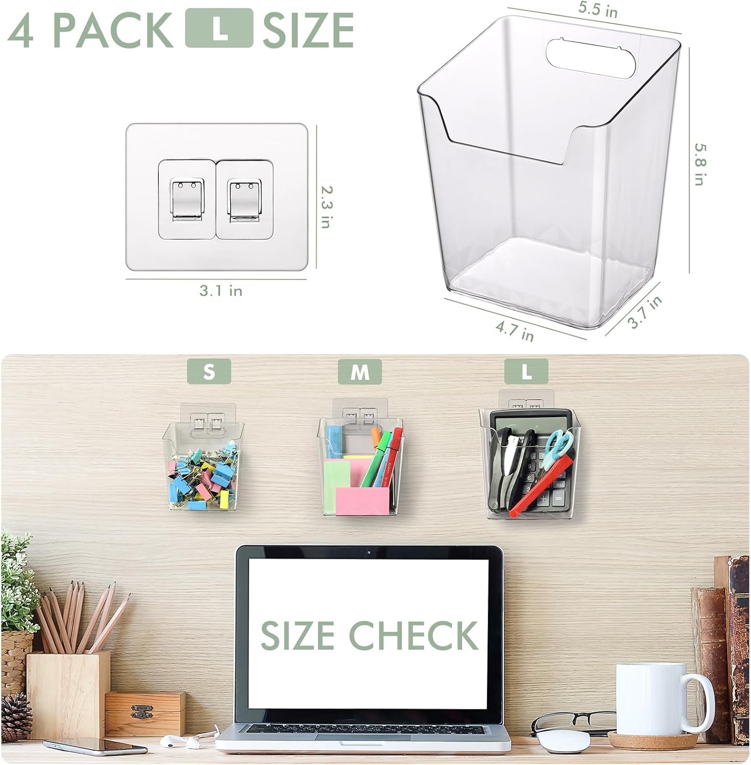 Adhesive Wall Storage Bins 10 Pack, 4 Large Clear & 6 Black Pen Holders, Hanging Wall Mount Pockets, Plastic Cups for Shower Bathroom Makeup Office Craft Remote Kitchen Sink RV Organization image 3