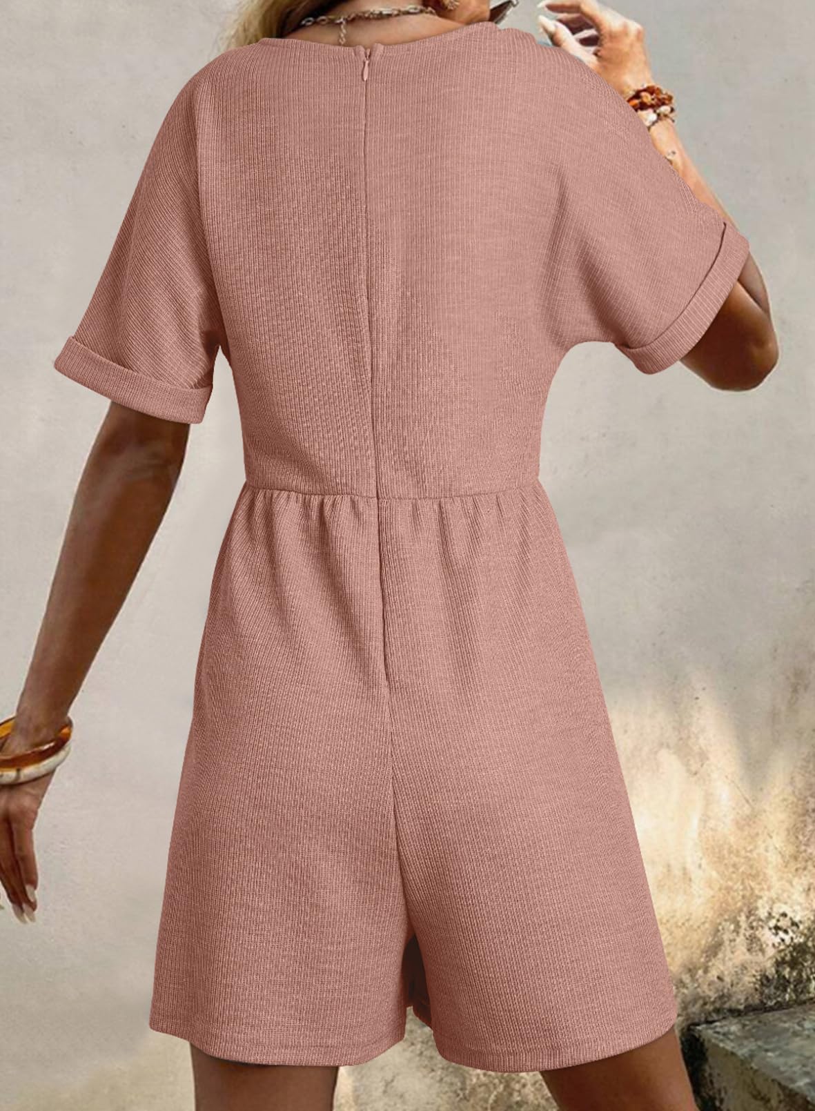 AlvaQ Rompers for Women Solid Color Casual Short Sleeve V Neck Zipper Short Jumpsuits with Pockets: Medium Pink