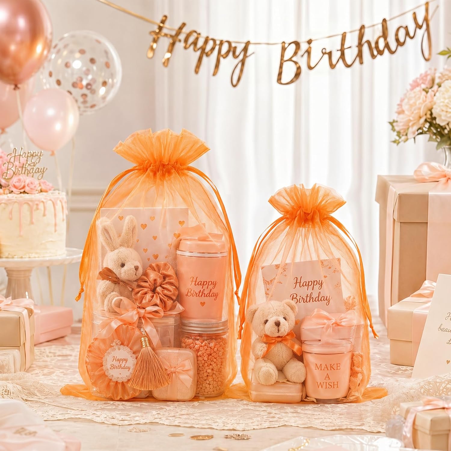 FUNFERY 100 PCS Orange Organza Bags 8x12in, Mesh Gift Bags with Drawstring image 4