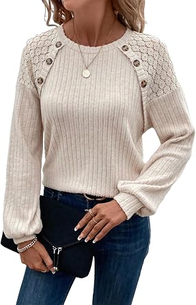Acelitt Womens Long Sleeve Shirts Fall Sweaters Business Casual Tops Blouse | Lace Patchwork, Work Tunic Tops, Trendy Cute Sweaters, Dressy Casual Blouse, 2026 Teacher Outfits, Fashion Winter Clothes