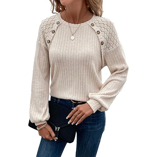 Acelitt Womens Fall Long Sleeve Tunic Tops Casual Crew Neck Dressy Shirt Lace Patchwork Blouses Pullover Sweaters