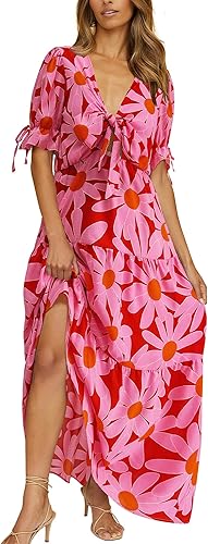 BTFBM Vestido bohemio de verano para mujer con nudo frontal cuello en V profundo manga corta floral escalonado casual fiesta playa maxivestidos