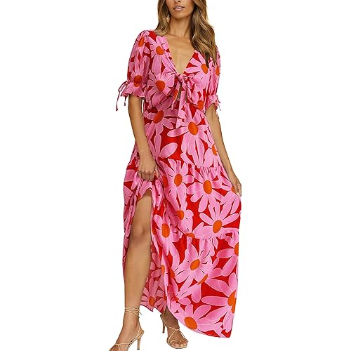 BTFBM Women's 2023 Summer Boho Dress Tie Front Deep V Neck Cutout Short Sleeve Floral Casual Party Beach Maxi Dresses