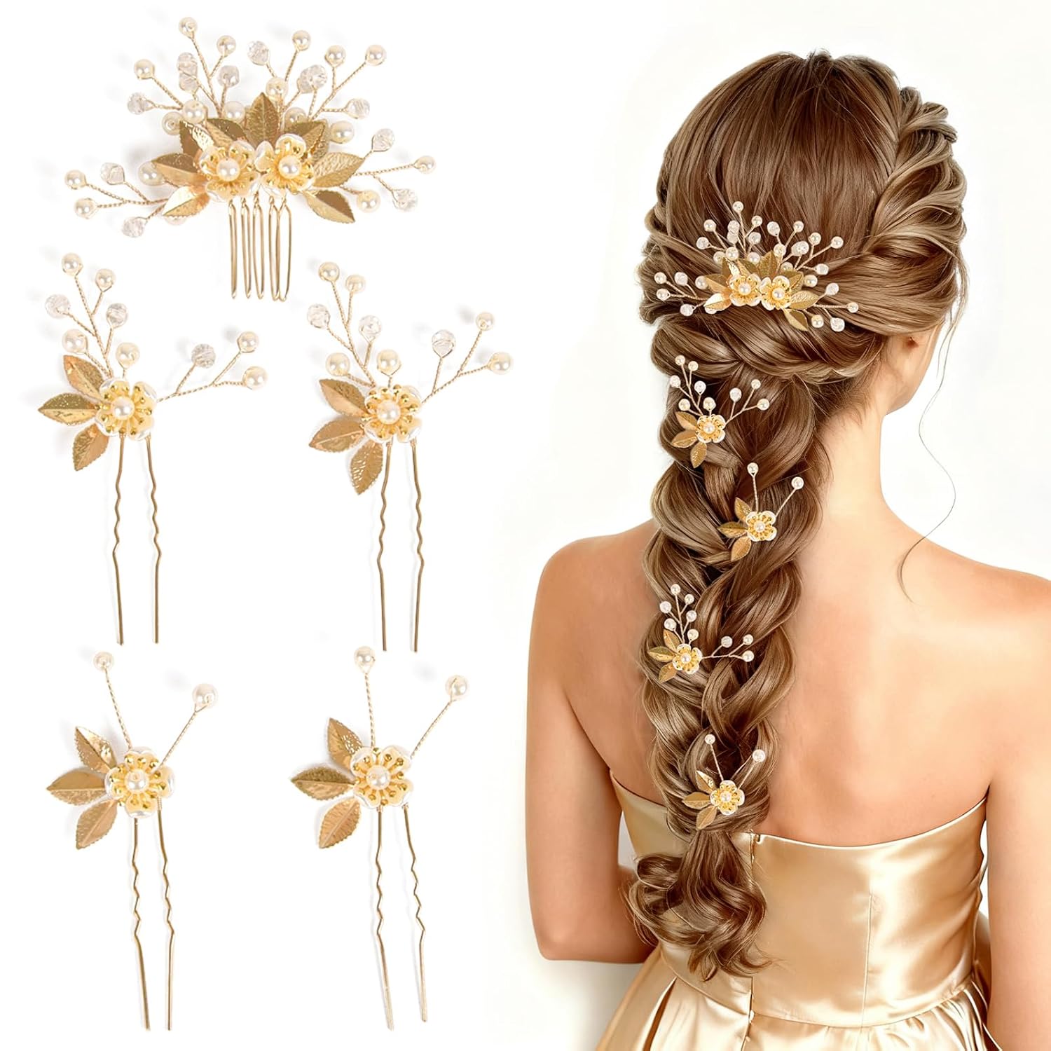 Fancy Leaf Floral Pearl Hair Pins, Rhinestone Wedding Hair Accessories for Bridal Women, Set of 5 (Gold)
