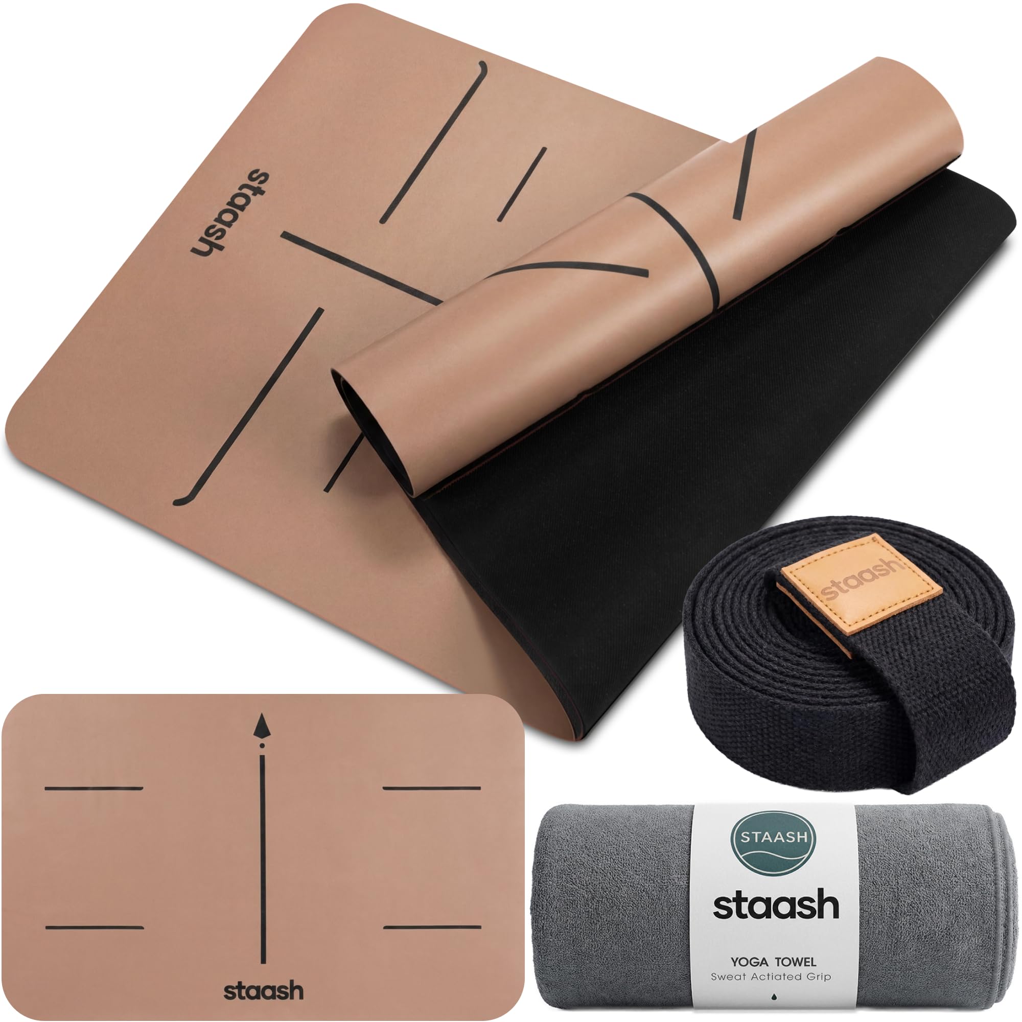 STAASH Premium Yoga Set – Tappetino da yoga in PU & gomma naturale + asciugamano in microfibra + cinturino da yoga + pad per mano – Ultra Grip, ecologico e qualità da studio per yoga esigenti