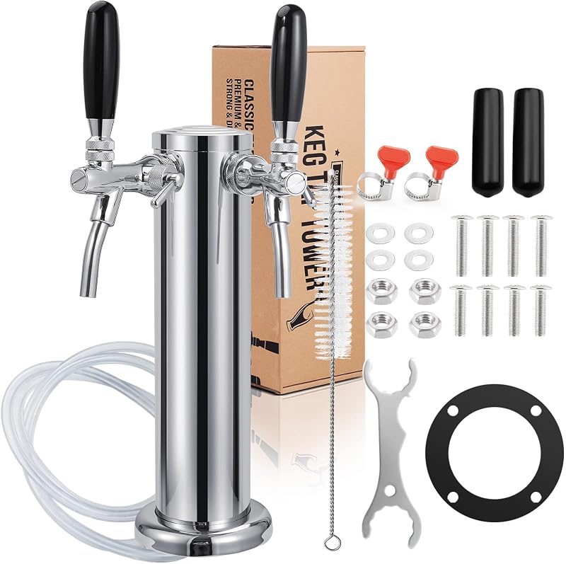 Adjustable Kegerator Tower, Dual Tap Beer Tower Kegerator Parts | Flow Control, 304 Stainless Steel Core Beer Faucet, Includes Pre-Assembled Tubing and Self-Closing Springs