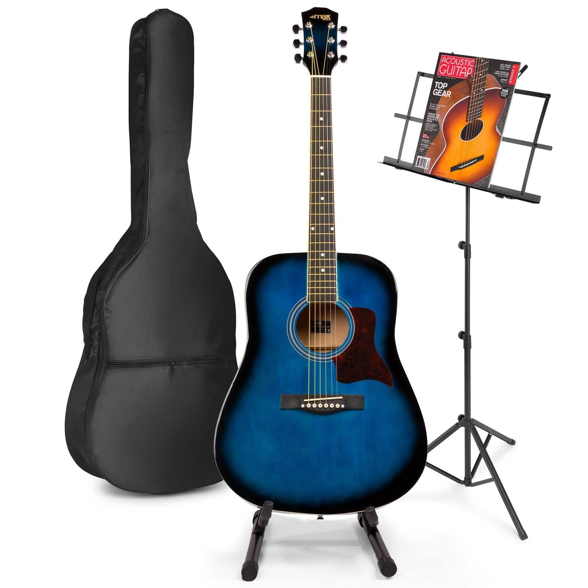MAX SoloJam Westerngitarre, Akustik Gitarre Set, Acoustic Guitar, Akustikgitarre 4/4 mit Tasche, Gitarrenständer, Notenständer, Plektrum, Stimmgerät, Schultergurt, Saiten, Anfängergitarre - Blau