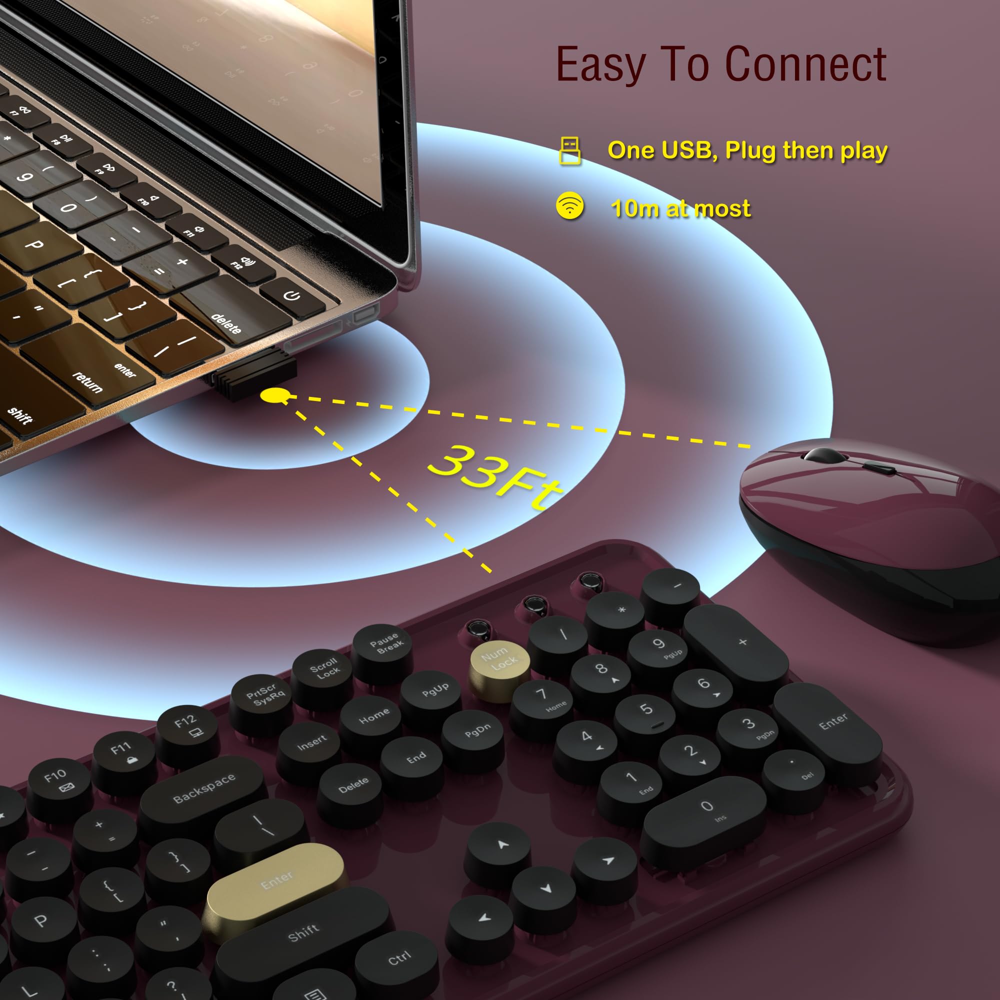 Links9+ Bezprzewodowe kombinacje klawiatury i myszy, retro klawiatura i mysz, bezprzewodowa, pełny rozmiar, połączenie 2,4 GHz i mysz optyczna do Windows, Mac, PC, laptopa do domu i biura