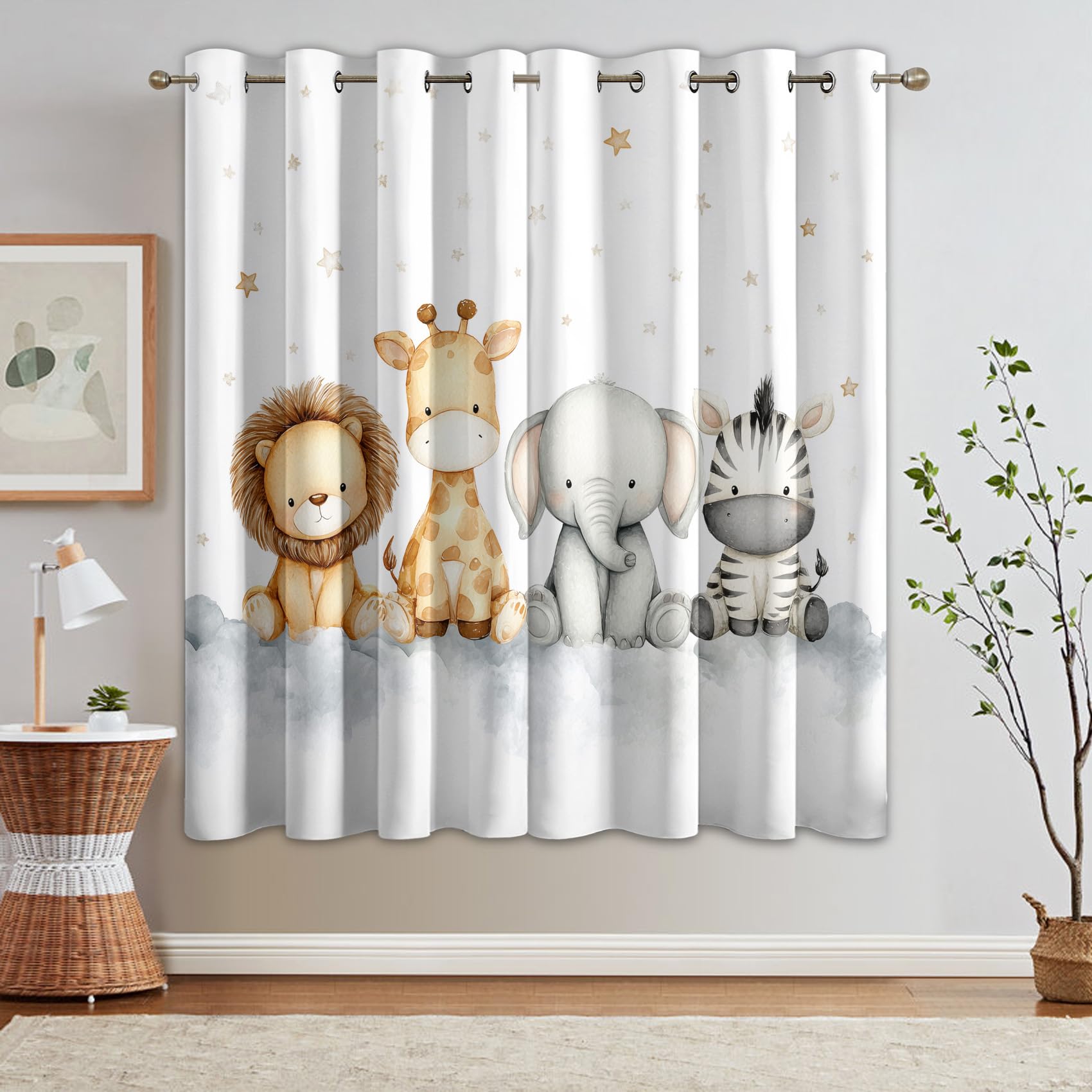 Generisch Kinder Safari Gardinen Blickdicht 2er Set, Vorhänge Löwe Giraffe Elefant Cartoon Motiv mit Ösen, Wohnzimmer Schlafzimmer Deko, Thermovorhang Verdunkelung, H 245 x B 140 - J332