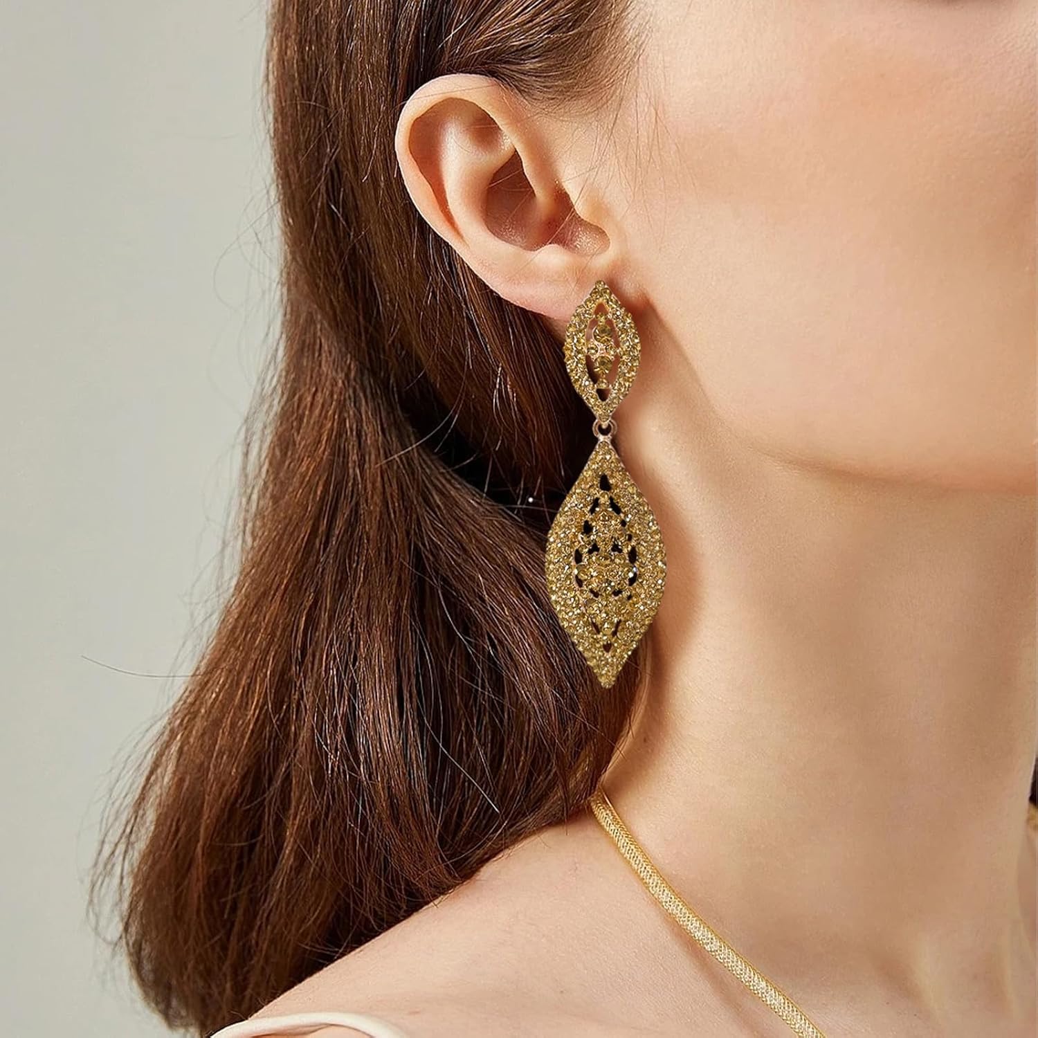 Women Large Statement Chandelier Earrings Rhinestone Clear Crystal Party 2 Leaf Dangle Earrings - Image 3