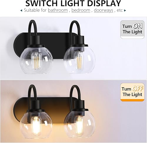 Miniatura 7 de Moderna lámpara de tocador de 2 luces, accesorio de iluminación de baño sobre espejo con pantalla de vidrio transparente y base de metal, negro mate
