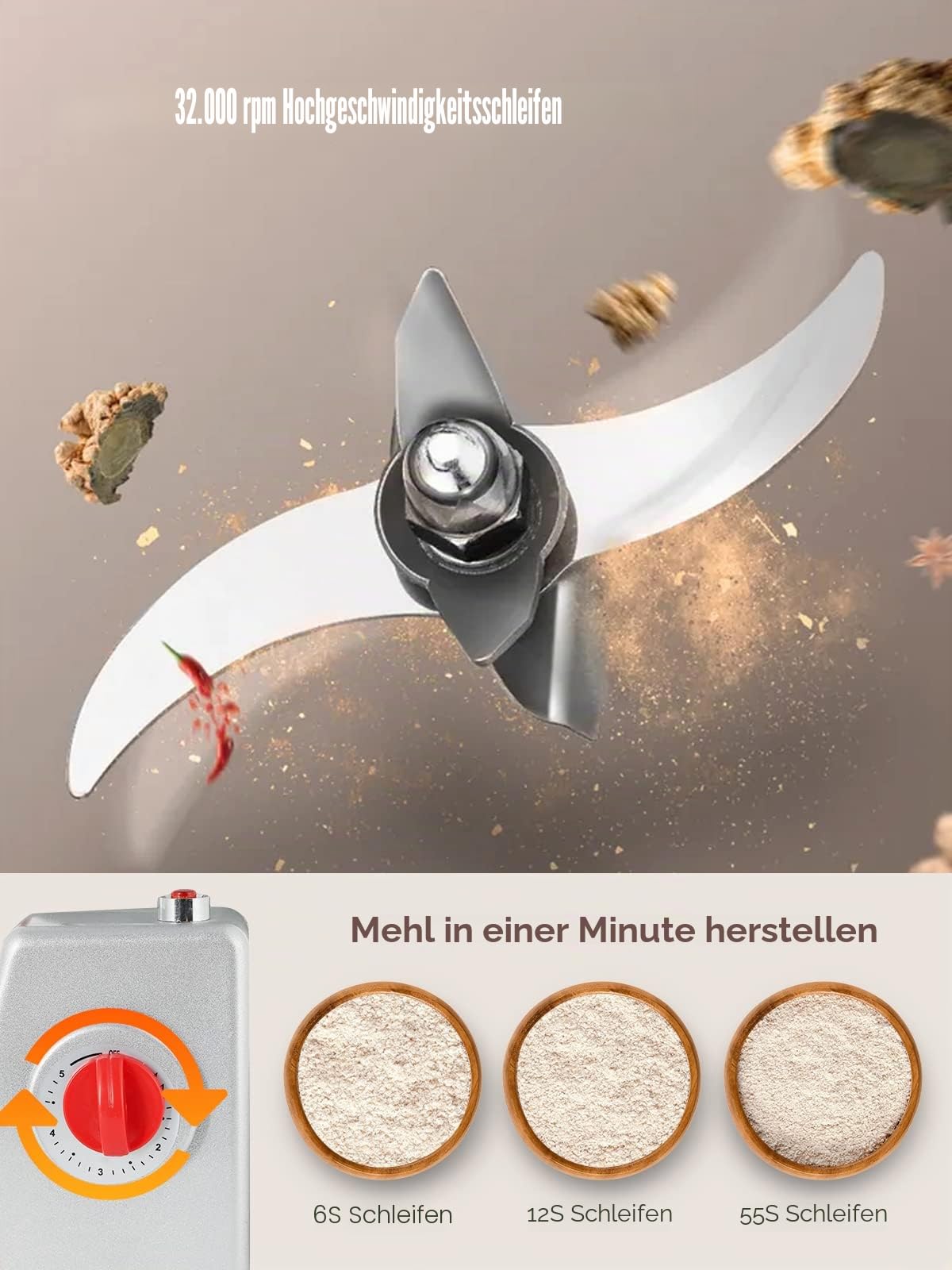 CGOLDENWALL 2000g Superfein Getreidemühle Elektrische Edelstahl Gewürzmühle Open-Cover-Stop für Trocken Getreide/Kräuter/Kaffee Samen 3000W 32000 U/Min Handelsmotor, mit Überlastschutz