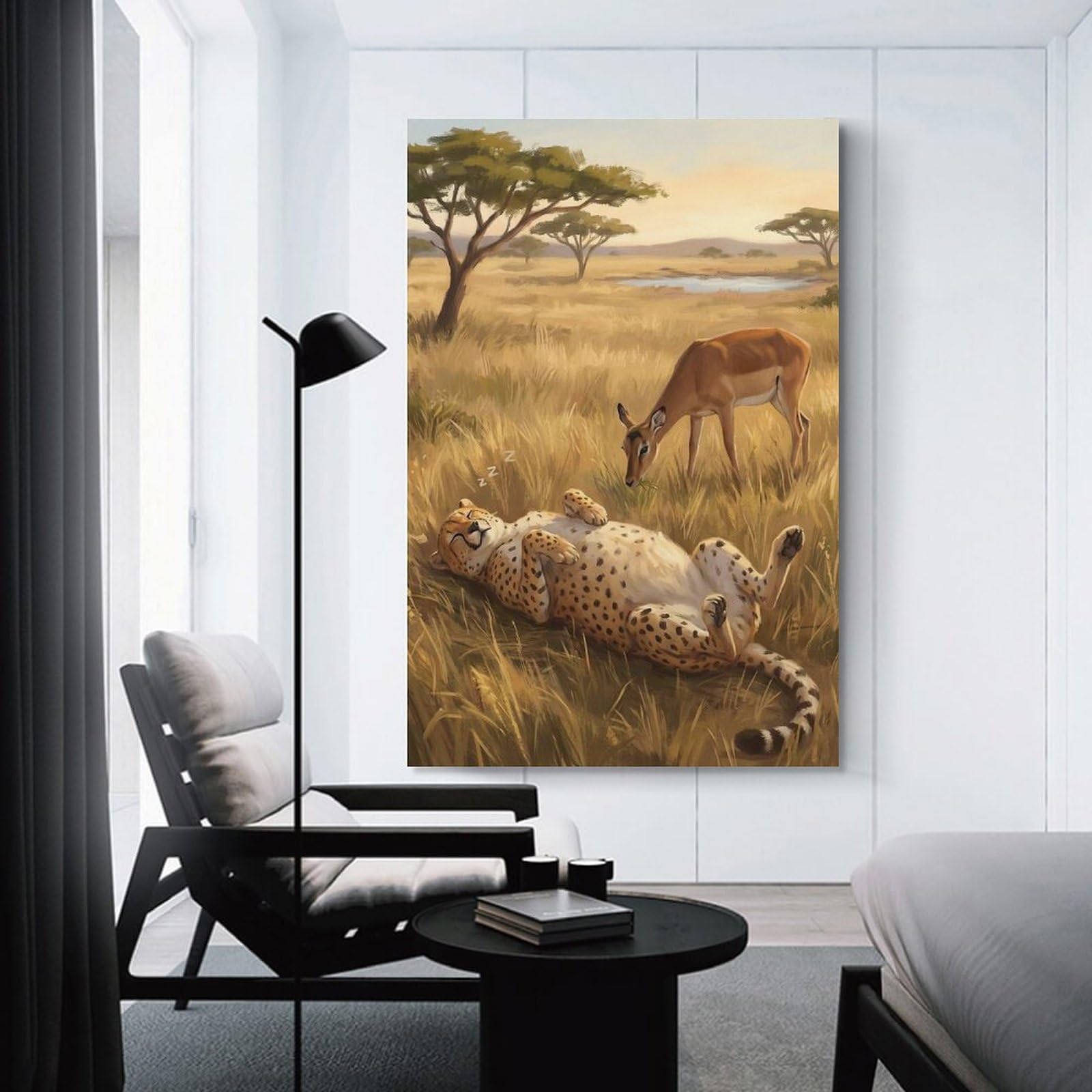 Junmoney Sleeping Cheetah And Grazing Impala Wall Art Print, 08x12inch(20x30cm), for Entryway, Lounge Links Or Small Walls, Decorative Wall Art for Narrow Spaces